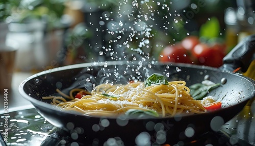 Adding a splash of white wine to the pan for a sophisticated spaghetti aglio e olio photo