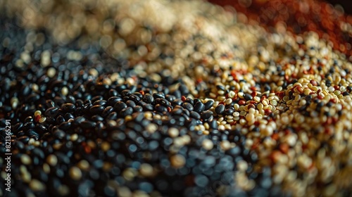 A variety of grains and seeds, including black beans, white quinoa, and red quinoa.