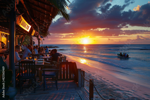 Vibrant Sunset over the Sea with a Cozy Café or Bar Nearby, Featuring Lively Colors and High Contrast
