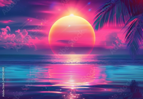 Generate an AI-created retro-futuristic synthwave-style beach sunset with a colorful background and a super moon. Ideal for backgrounds  wallpapers  futuristic websites  posters  and banners.  