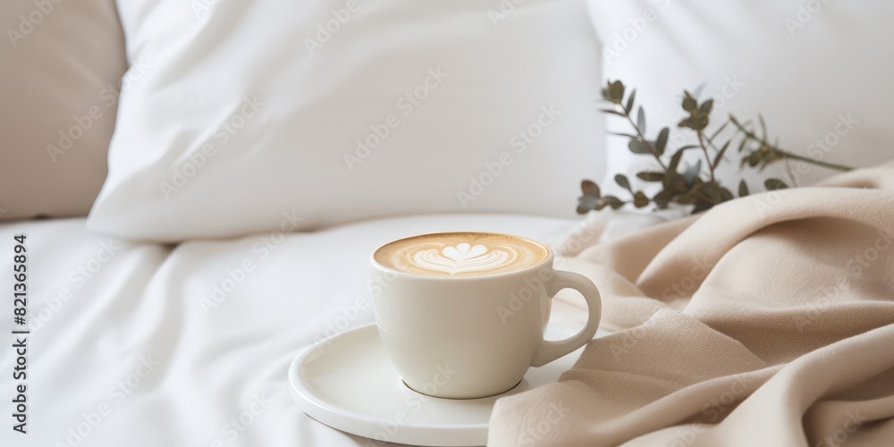 Elegant cappuccino with latte art on bed in cozy morning Elegant cappuccino with latte art on bed in cozy morning