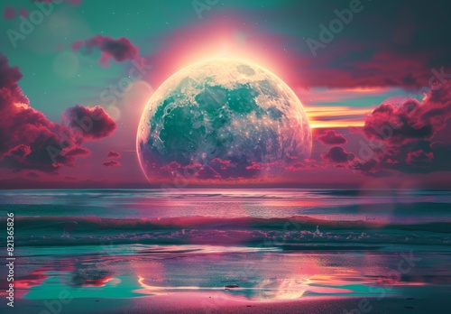 Generate an AI-created retro-futuristic synthwave-style beach sunset with a colorful background and a super moon. Ideal for backgrounds, wallpapers, futuristic websites, posters, and banners.

 photo