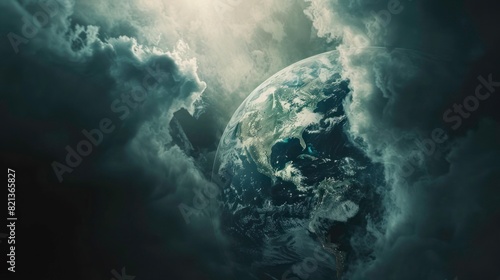 Cinematic shot of planet earth globe clouds and space background photo
