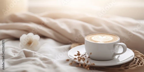 Detail of cappuccino with latte art on bed in cozy morning