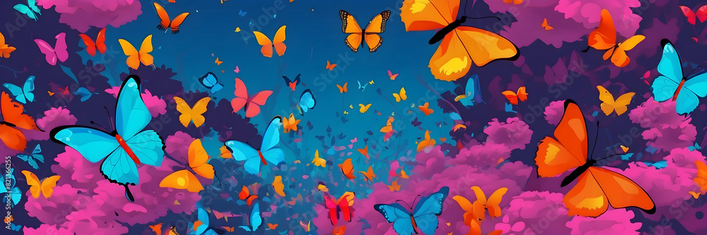 A digitally illustrated kaleidoscope of butterflies, soaring across a vibrant floral background The image conveys freedom and transformation A digitally illustrated kaleidoscope of butterflies, soaring across a vibrant floral background The image conveys freedom and transformation