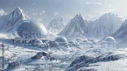 Wallpaper Mural glass-domed living modules on a mountainous snow planet. Concept for scientific articles on colonization of planets. Generative ai Torontodigital.ca