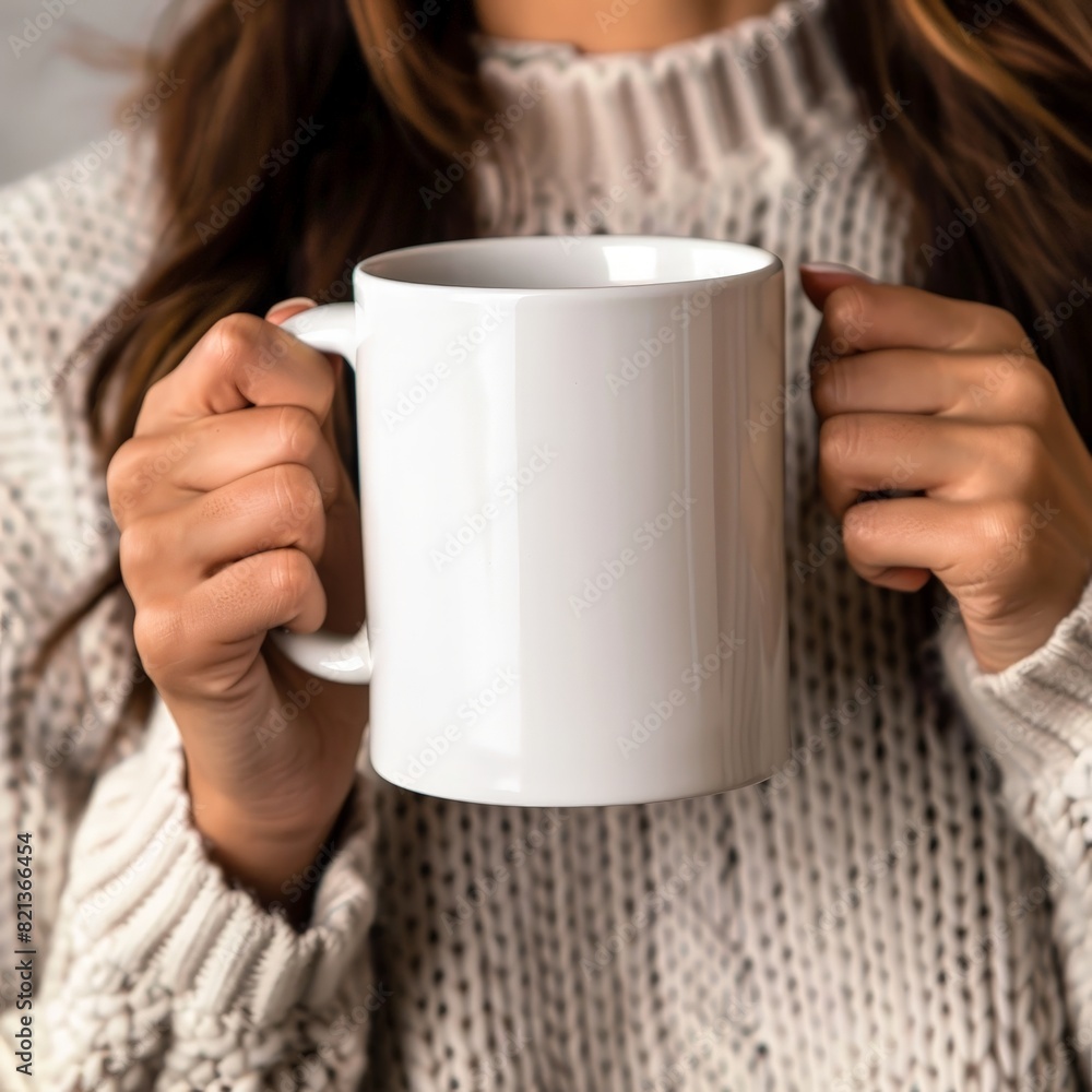 A woman is holding a white coffee mug A woman is holding a white coffee mug