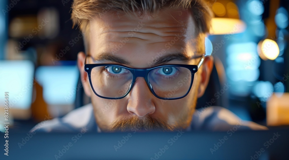 a young businessman with eyeglasses. he is focusing on the computer screen. in a complex and busy office background. generative AI a young businessman with eyeglasses. he is focusing on the computer screen. in a complex and busy office background. generative AI