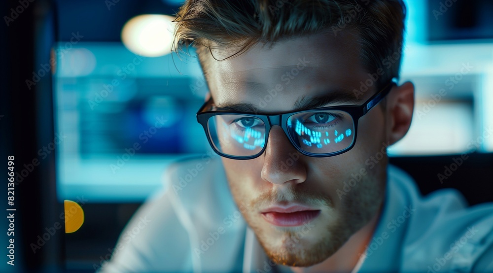 a young businessman with eyeglasses. he is focusing on the computer screen. in a complex and busy office background. generative AI a young businessman with eyeglasses. he is focusing on the computer screen. in a complex and busy office background. generative AI