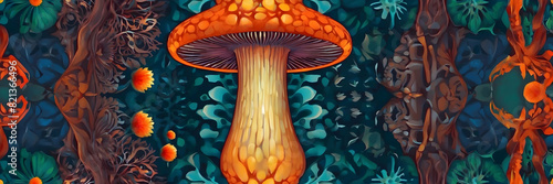 Fantasy-inspired digital illustration featuring a giant mushroom amidst lush, detailed foliage and flora