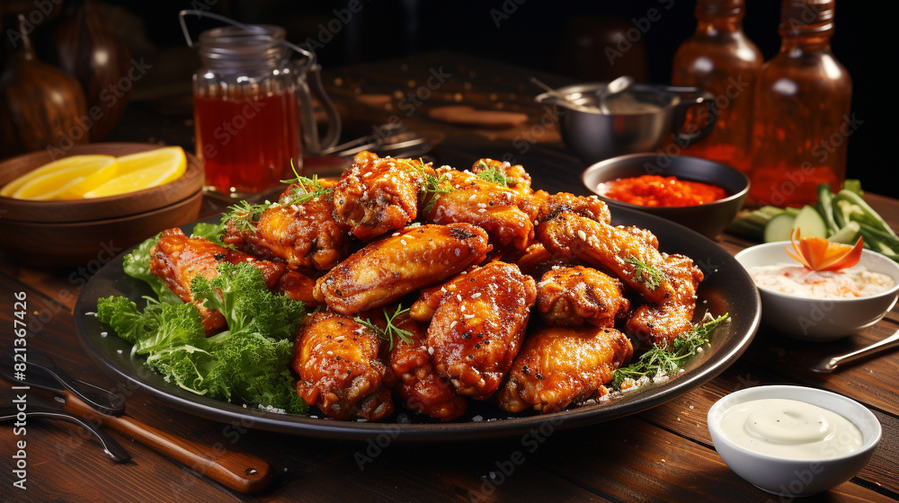 Fototapeta premium Freshly cooked pub food on rustic table with fried chicken