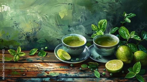 Two cups of green tea on a wooden table. The tea is steaming and there are lime wedges and mint leaves on the table. © ngstock
