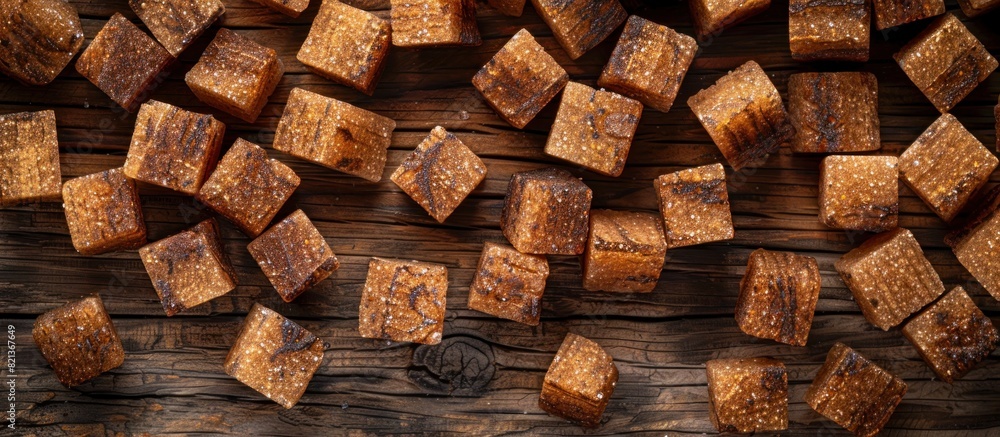 Fototapeta premium Wood table covered with cubes of food