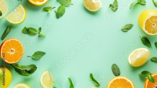 Citrus slices and mint herbs frame on retro mint pastel background with copy space from above. Top view of lemon and orange refreshment