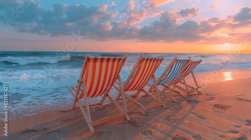  A row of beach chairs rests on a sandy shore beside the ocean  bathed in the warm glow of sunset