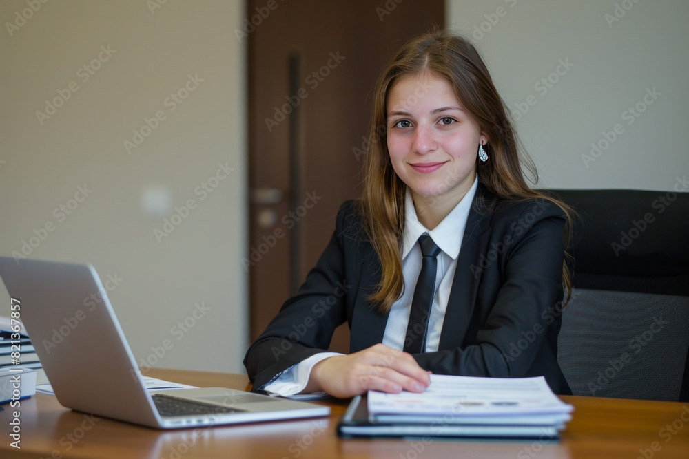 A professional shot of the girl dressed in business attire, sitting confidently at a desk with a laptop and financial documents. A professional shot of the girl dressed in business attire, sitting confidently at a desk with a laptop and financial documents.