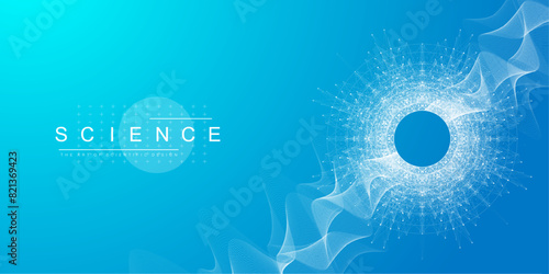 Scientific vector illustration quantum computer technology. Plexus fiction effect. Deep learning artificial intelligence. Big data algorithms visualization. Quantum explosion background.