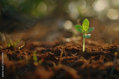 A small plant sprouting from the soil, representing new life and growth in an ecofriendly garden setting