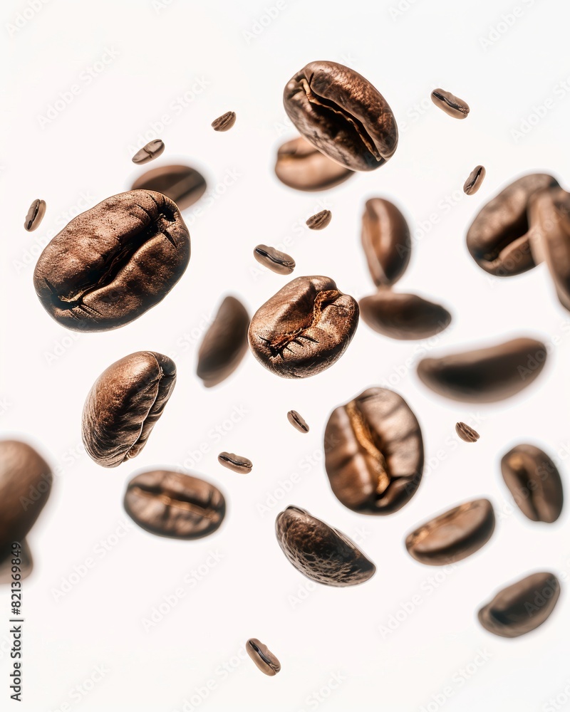flying coffee beans on a white background, depth of field, advertising style flying coffee beans on a white background, depth of field, advertising style