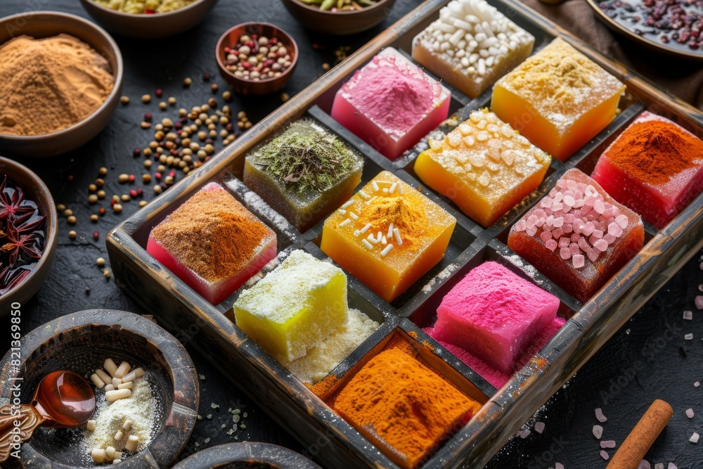 A tray of colorful square shaped Indian S Joint sweets with sweet powder and spices on the table, with different shades of pink, orange, yellow, and white colors. The background is dark grey A tray of colorful square shaped Indian S Joint sweets with sweet powder and spices on the table, with different shades of pink, orange, yellow, and white colors. The background is dark grey