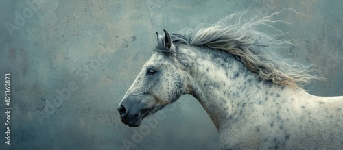 White horse with long hair in front of wall