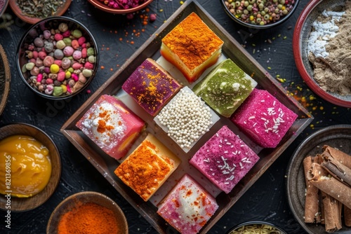 A tray of colorful square shaped Indian S Joint sweets with sweet powder and spices on the table  with different shades of pink  orange  yellow  and white colors. The background is dark grey