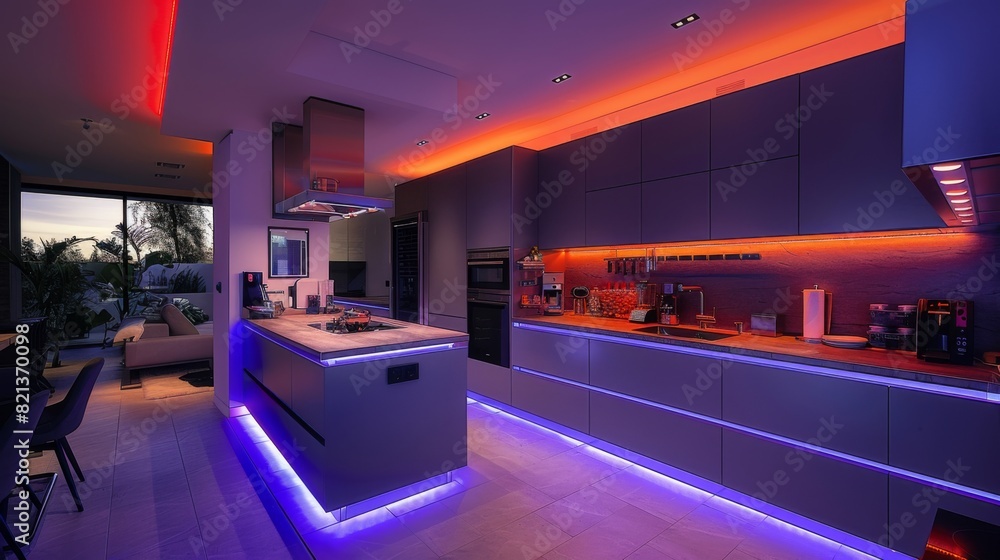 Illuminate your kitchen with LED strips lining the cabinets and a built-in TV screen, offering both functional lighting and