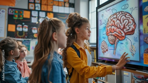 Children stand in front of an interactive whiteboard and study the structure of the brain