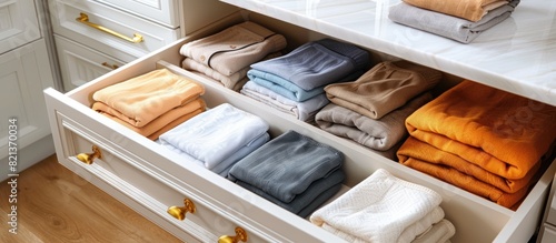 A drawer filled with neatly folded towels, organized and stored vertically, creating a tidy and efficient linen storage solution.