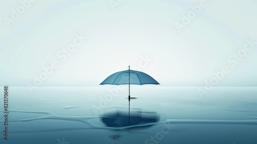 A solitary umbrella stands in a tranquil blue waterscape.