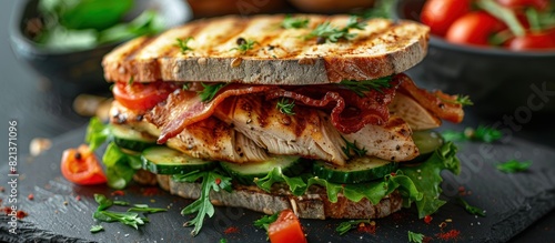Delicious sandwich with chicken breast, bacon, lettuce, and tomato