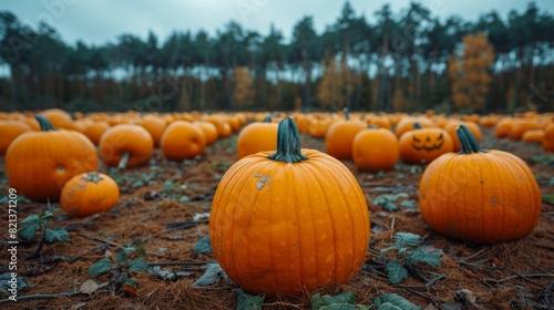 Illustrate a scene of families visiting a pumpkin patch on a crisp autumn day, with rows of pumpkins in various photo