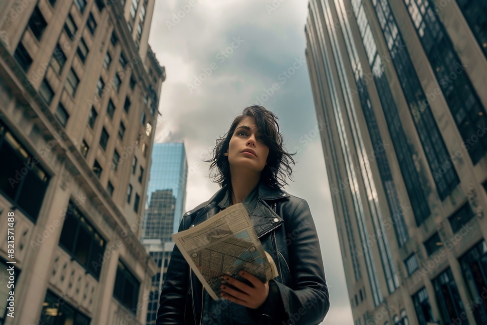 A young woman in a weathered leather jacket stands in the midst of a bustling city street