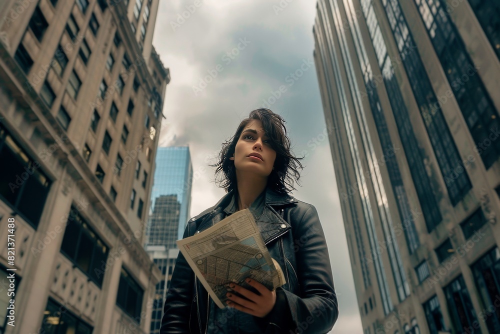 Fototapeta premium A young woman in a weathered leather jacket stands in the midst of a bustling city street