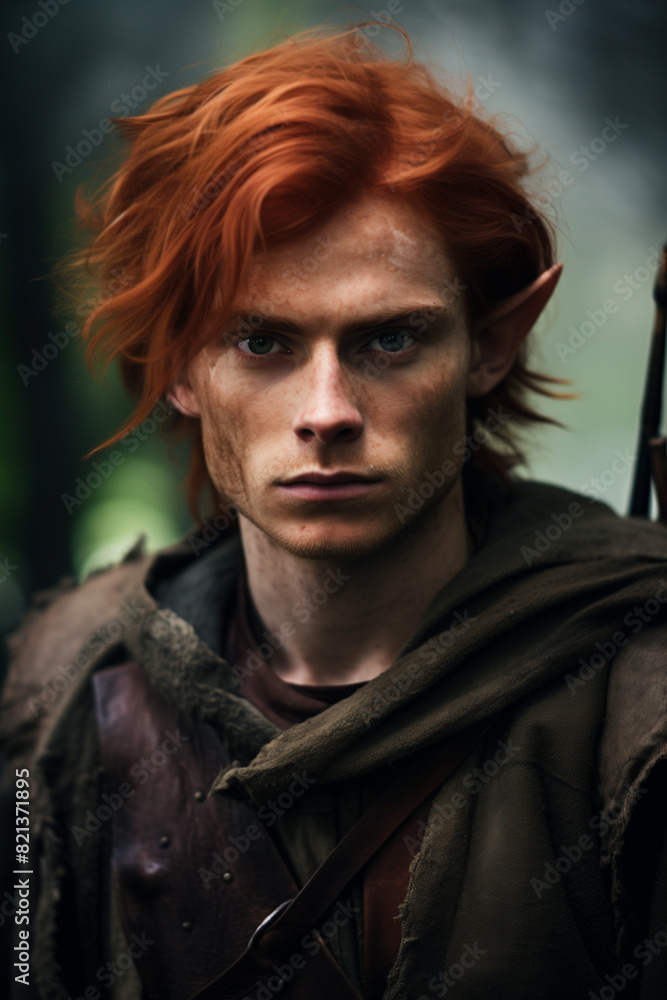 Fototapeta premium Handsome redhead red haired elf man in the fantasy mythical forest.