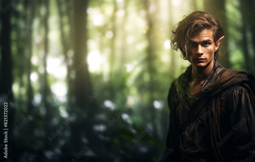 Handsome blond elf man in the fantasy mythical forest. Handsome blond elf man in the fantasy mythical forest.