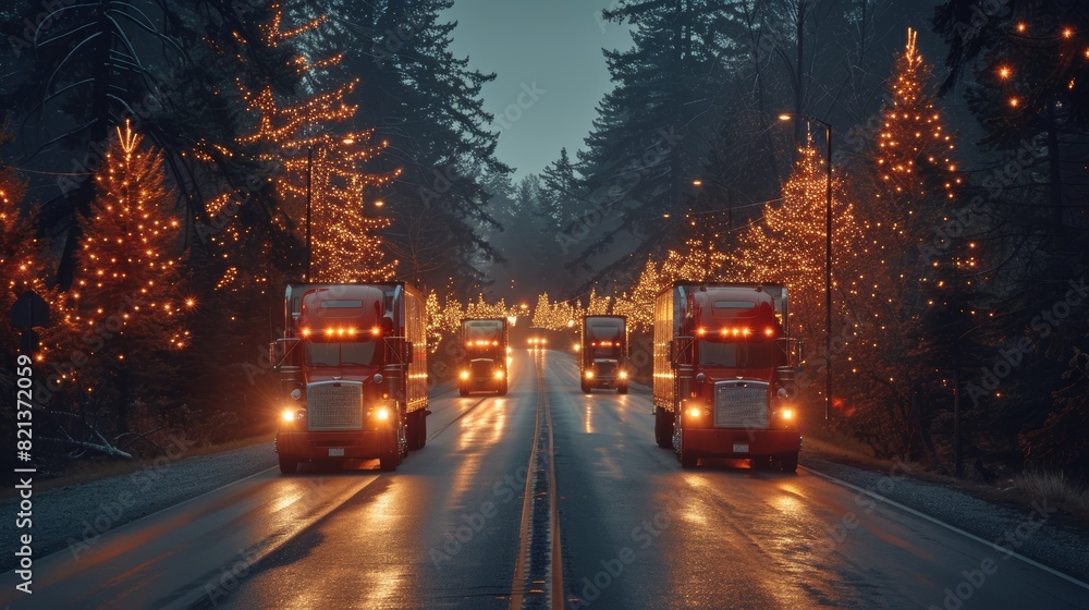 A scenic winter evening with decorated trucks and Christmas lights on trees along a forested road illuminated by festive d?cor and atmospheric glow