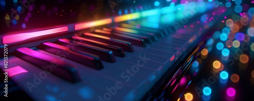 Abstract piano keys illuminated with colorful lights, creating an enchanting and musical atmosphere for music-themed designs.