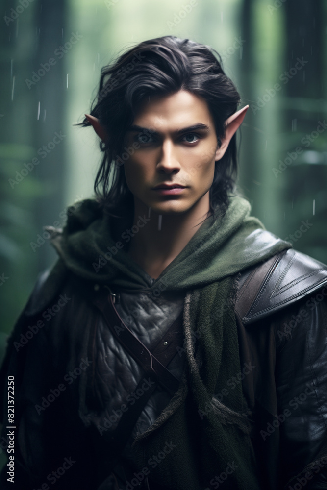 Handsome black haired young elf man in the fantasy mythical forest. Handsome black haired young elf man in the fantasy mythical forest.