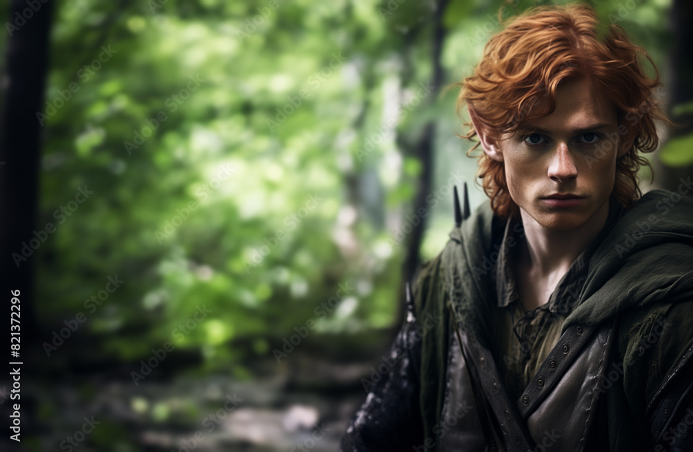 Handsome redhead red haired elf man in the fantasy mythical forest. Handsome redhead red haired elf man in the fantasy mythical forest.