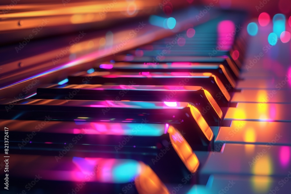 Abstract piano keys illuminated with colorful lights, creating an enchanting and musical atmosphere for music-themed designs. Abstract piano keys illuminated with colorful lights, creating an enchanting and musical atmosphere for music-themed designs.