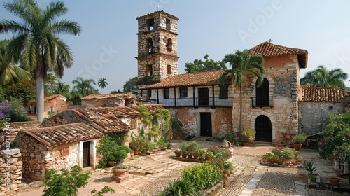 A beautifully preserved historic stone building complex with lush greenery and a bell tower set against a clear blue sky in a serene courtyard photo