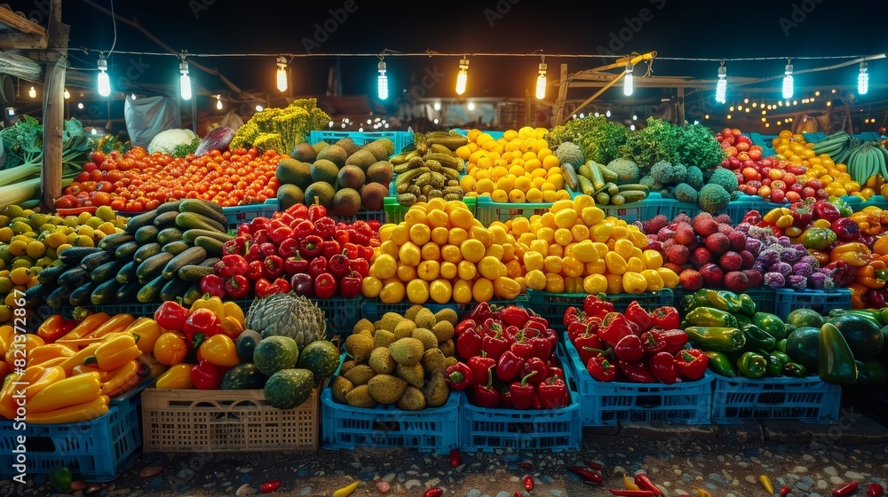 Fototapeta premium A colorful and vibrant display of various fruits and vegetables arranged in blue crates at a bustling farmers market during nighttime under bright lights