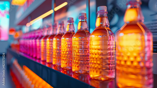 Colorful beverage bottles illuminated on a store shelf. photo