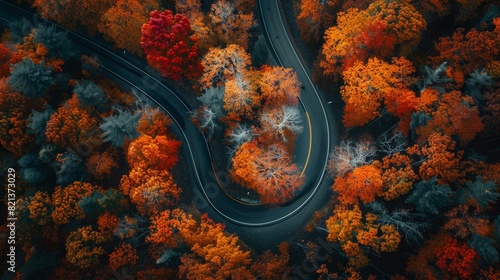 Aerial shot of a lonely road winding through vibrant autumn trees --ar 16:9 Job ID: bd0e66dc-224d-443f-a6c2-ca4bd93f3b74 © Preb Creations