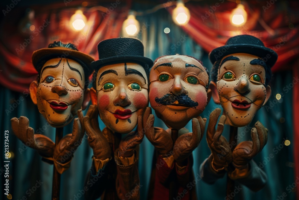 Obraz premium Four vintage puppet heads with expressive faces, set against a backdrop of stage curtains and warm lighting