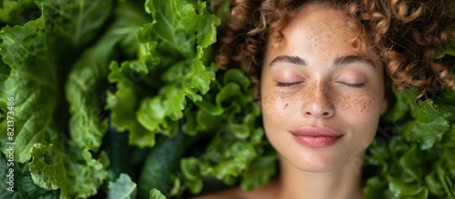 Woman laying in bed of lettuce