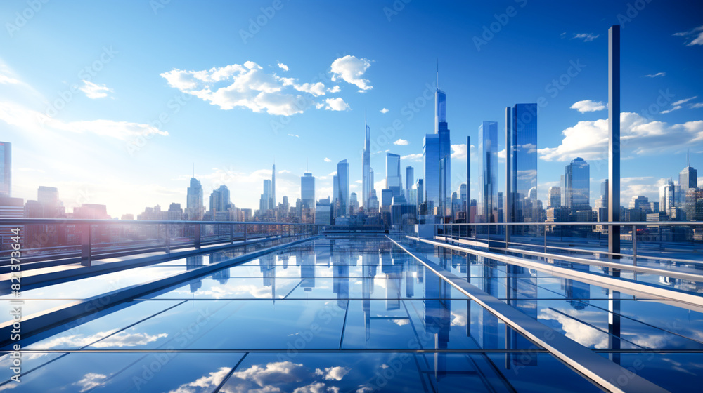 Fototapeta premium Futuristic skyscraper facade reflects blue sky in modern cityscape