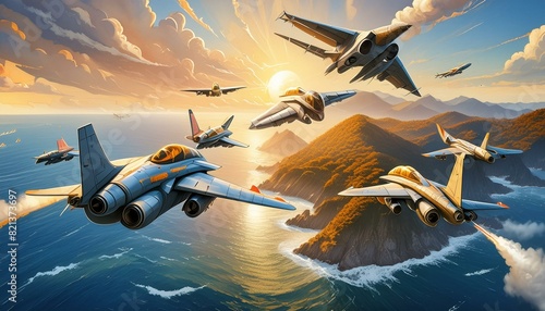 Aerial Clash: 5th Generation Fighter Jets Battle Over Land and Sea photo
