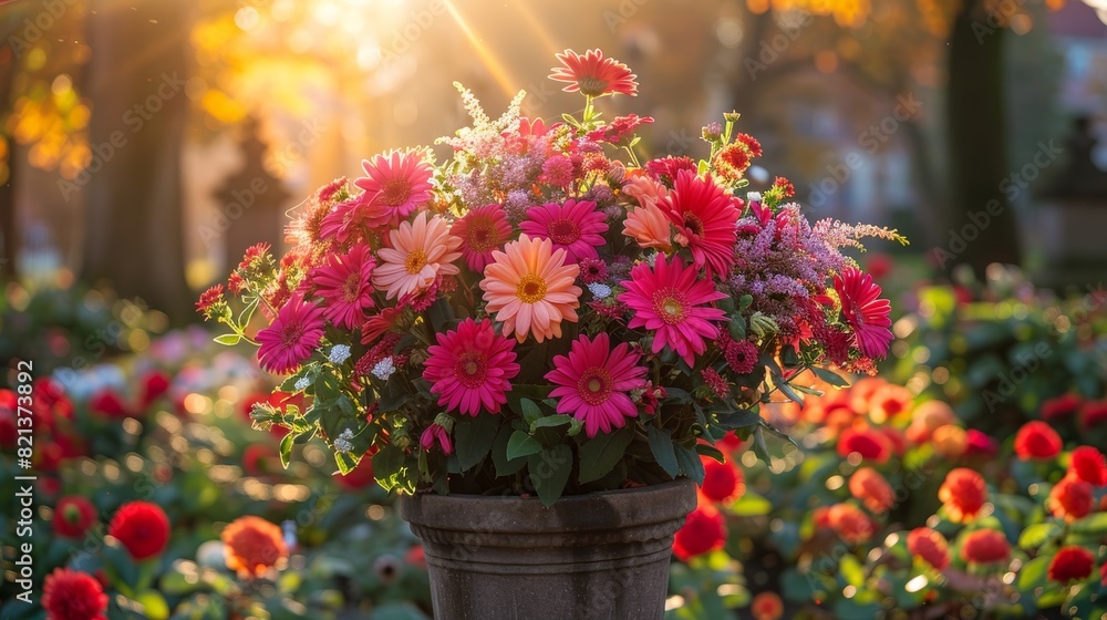 A beautifully arranged bouquet of pink and red flowers in a decorative pot, set against a backdrop of a sunlit garden in the early morning